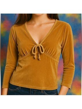 Vintage Y2K 90s Velvet Babydoll Top Sz M/L Tan Beige V-Neck Keyhole Shirt Canada